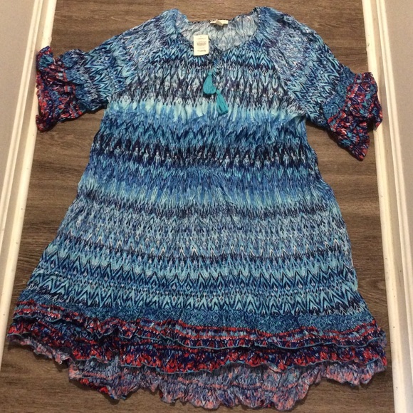 loralette Dresses & Skirts - BRAND NEW NWT Blue Multicolored Printed Crinkle Ruffle Hem Tunic Dress 30